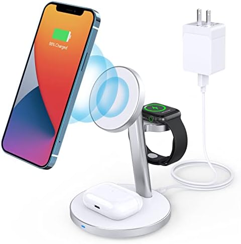 3-in-1 Magnetic Wireless Charger Stand, 18W Aluminum Alloy MagSafe Charging Station for iPhone 14 Pro/14 Pro Max /14/13/12 Series, AirPods 3/Pro/2, iWatch 8/7/ 6/SE/5/4/3/2 (with QC 3.0 Adapter)