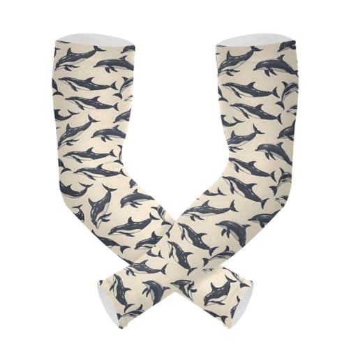 ALAZA Dolphin Fish Retro Gardening Sleeves Cooling Arm Sleeves Sun Protection Thumb Hole Arm Covers for Women Men