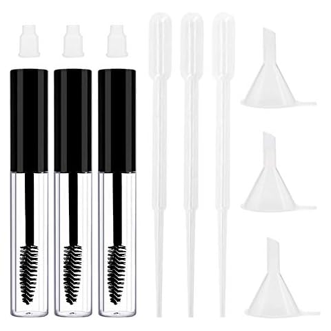 Angzhili 3 Pcs 8mL Empty Mascara Tubes With Eyelash Wand for Eyelash Growth Oil/Mascara with Brush for Home and Travel With Eyelash Wand, Includes 3 tubes, 3 rubber inserts and 3 funnels Cover