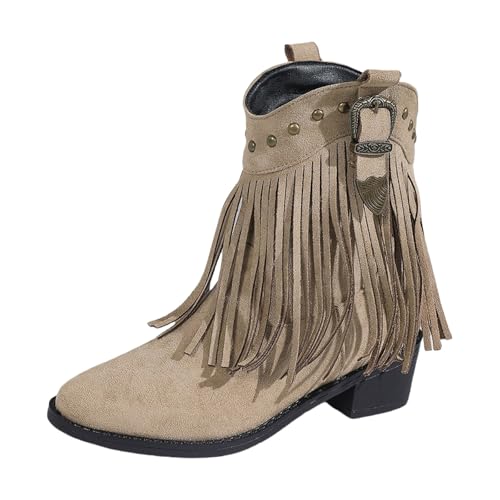 Botas vaqueras, botas de vaca para niña, impermeables, vintage, punta redonda, media altura, con cremallera, tacón grueso, zapatos para bodas y bailes al aire libre, Khaki, 40 EU