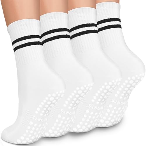EUDUQ Stopparstrumpor för kvinnor 35–40, 4 par halkfria strumpor med noppor för yoga, pilates, Barre, studsmatta och sportstrumpor, Vit, one size