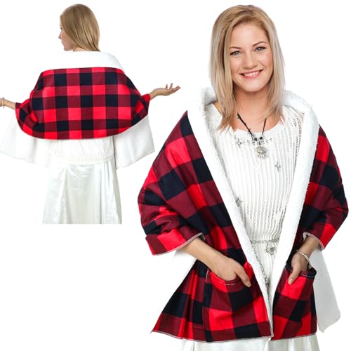 Jiuguva Warm Shawl Wraps for Women Plaid Christmas Gifts for Elderly Grandma Gifts Flannel Warm Shawl Wrap with Large Front Pocket for Senior Women Grandma