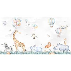 Art Murals Vinyl, 357 x 190 cm, fairy dieren, kinderkamer fotobehang, ballonnen, giraffe, zebra, wasbeer, flamingo…