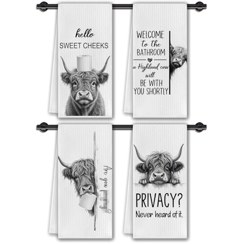 CosxHabitat Funny Highland Cow Bathroom Hand Towels, Hello Sweet Cheeks Bathroom Decor, Highland Cow Lover Gifts Decorative Hand Towels for Bath Room Washroom Restroom, 16x24 Inches Set of 4