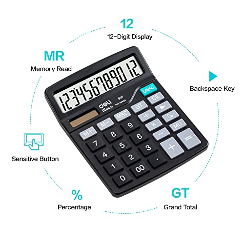 Calculator, Deli Standard Function Desktop Calculators With 12 Digit Large Lcd Display And Sensitive Button, Solar Battery Dual Power Office Calculator, Black #TOP5