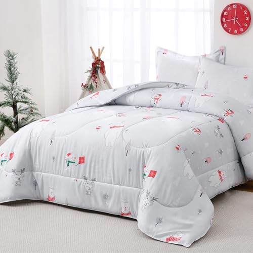 Yibeizi Christmas Comforter Set Twin for Boys Girls Cute Bear Snowmen Printed Bedding Set with Pillow Sham Lightweight Soft Breathable Washable Bed Set 2 Piece