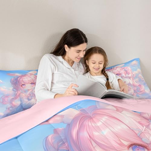 Image of Erosebridal Kawaii Girl Bedding King,3D Anime Gifts Comforter Set Japanese Girl with Curly Hair Bed Sets Romance Style Duvet Insert 3 Pieces