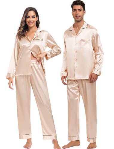 SWOMOG Family Matching Button Down Pajamas Pjs Silk Satin Long