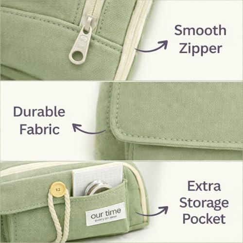 Image of Kawaii Cute Aesthetic Pencil Case for Girls & Boys | 3 Layer 6 Compartment Large Capacity Pencil Pouch with Zipper | Cartoon Stationery Organizer Bag for Students & Kids (Green)