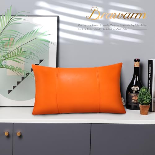 Image of BRAWARM Orange Leather Throw Pillow Covers 12 X 20 Inches - Faux Leather Lumbar Pillow Cover with Piping, Hand Stitched Leather Throw Pillow for Couch Sofa Bed Living Room Home Decorative