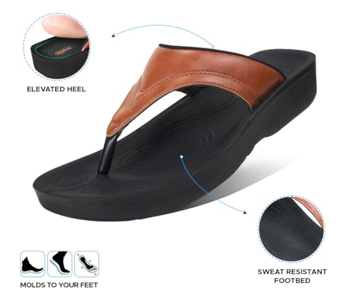 Image of AEROTHOTIC Comfy Arch Support Flip Flops for Women Open Toe Stylish Faux Leather Cushioned Strap with Non-Slip Sole & Comfortable Footbed Indoor and Outdoor Sandals