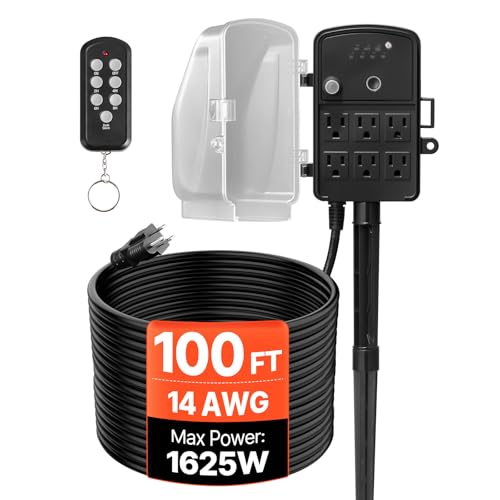 VEVOR Outdoor Power Stake Timer 100FT Extension Cord Remote Control Outdoor Power Strip with Cover Dusk to Dawn Light Timer Waterproof 6 Outlets for Halloween Christmas Lights Garden Decorations