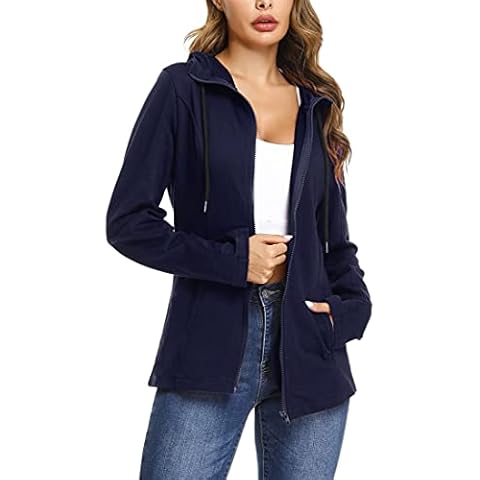 Women Zip Up Hoodie Jacket Ladies Long Sleeve Plain Sweatshirt Casual Basic Zipper Hooded Top Pockets Sports Running Outerwear Jacket Coat Navy M Cover