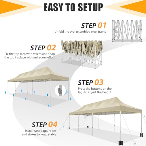 Image of HOTEEL 10x30 Heavy Duty Pop Up Canopy, Commercial Instant Canopy for Party Wedding Event, Waterproof UV 50+ & Windproof Outdoor Tent, Upgraded Thick Hexagonal Legs Tent with Wheeled Bag, Khaki