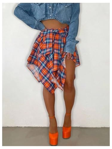SOLY HUX Women's Summer Plaid Skirt Tie Front High Waisted Asymmetrical Hem Y2k Short Skirts4