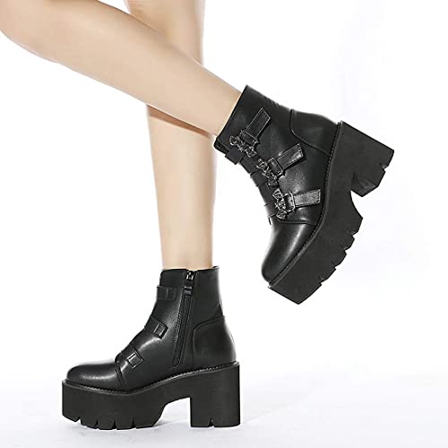 Yiya Women's Black Goth Platform Ankle Boots With Bat Wing Buckles Chunky Block Heels Round Toe Zipper Punk Motorcycle Combat Boots Comfy Short Gothic Booties #TOP5