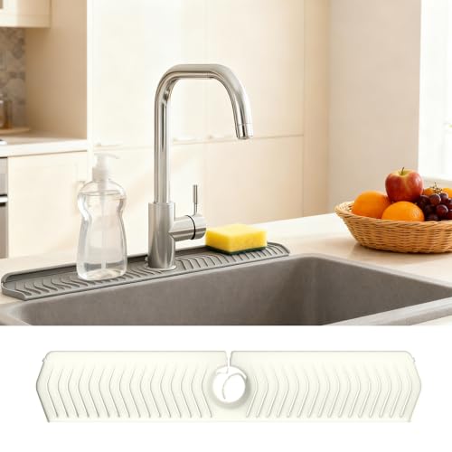 Image of 30 Inch Silicone Kitchen Sink Faucet Mat, Adjustable Waterproof Splash Guard Draining Mat Keep Countertops Dry (White)