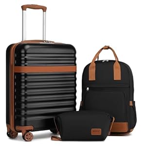Kono 20 Inch Cabin Luggage Set, Lightweight Hard Shell Carry On Suitcase with Backpack Toiletry Bag, 3 Piece Travel Luggage Sets Approved for Ryanair EasyJet (Black/Brown)