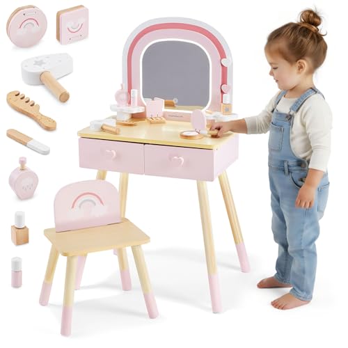mamabrum Coiffeuse en Bois pour Enfants avec Miroir LED Et Lumière Réglable, Tabouret Et Accessoires – Idéale pour La Chambre des Filles