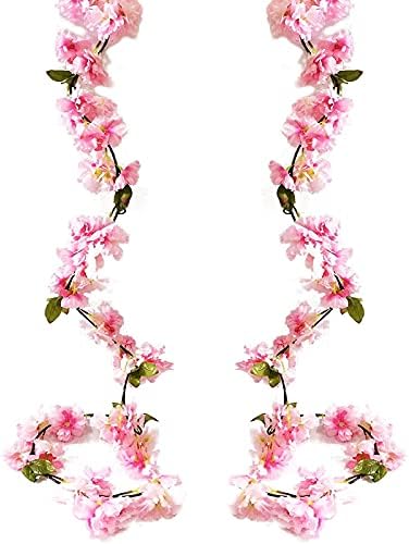 2 Pack 5.9FT Artificial Cherry Blossom Garland Hanging Vine Fake Cherry Blossom Flower Silk Floral Garland Fake Flowers Vine with Green Leaves for Home Garden Fence Wedding Party Craft Art Decoration