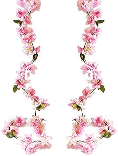 2 Pack 5.9FT Artificial Cherry Blossom Garland Hanging Vine Fake Cherry Blossom Flower Silk Floral Garland Fake Flowers Vine with Green Leaves for Home Garden Fence Wedding Party Craft Art Decoration