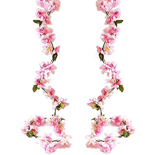 2 Pack 5.9FT Artificial Cherry Blossom Garland Hanging Vine Fake Cherry Blossom Flower Silk Floral Garland Fake Flowers Vine with Green Leaves for Home Garden Fence Wedding Party Craft Art Decoration