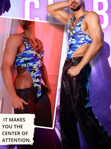 Mens Sexy Camo One Piece Leotard Bodysuit, Deep U Neck Thong Singlet Muscle Suit, Backless Tank Top Club Rave Outfits4