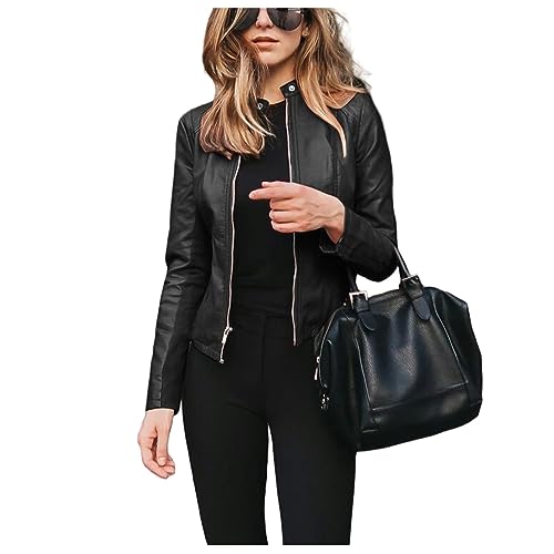 Qesulk Women's Faux Leather Jackets Moto Biker Short Coat Jacket Zip Up Fall Fashion Motorcycle Jackets Trendy Clothes Black