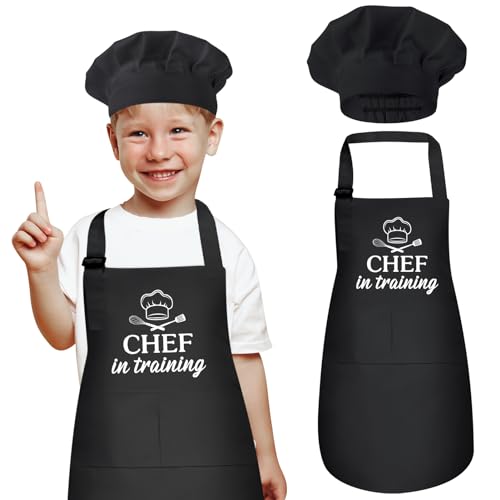XLSXEXCL Kids Apron and Chef Hat Set, “CHEF in training” Apron Adjustable Child Aprons Chef in Training Funny Aprons with 2 Pockets for Boys and Girls (Black)