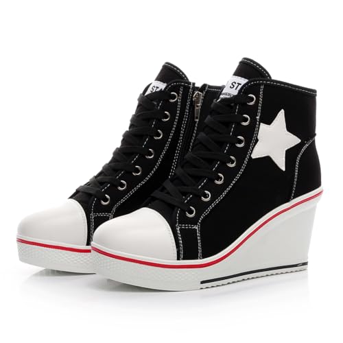 Mei MACLEOD High Heel Wedge Sneakers for Women Casual Lace Up Canvas Shoes for Ladies Platform Wedge Shoes AnkleBooties