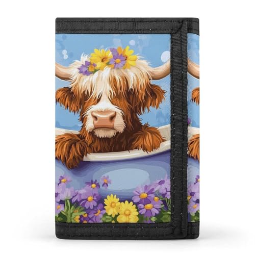 Highland Cow In Bathtub With Flowers Trifold Wallet Slim Coin Purse Card Holder with Keychain for Men Women