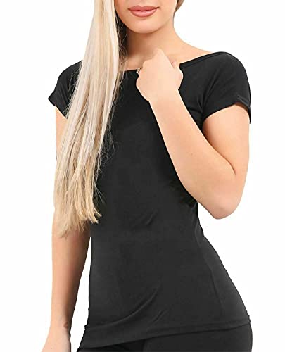 Image of Ladies Womens Slash Neck Black Viscose T Shirt Short Sleeves Fancy Dress Top (Black Medium-Large)