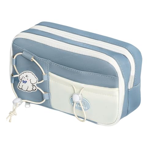 Image of Pencil Pouch for Girls - Aesthetic Multi-Compartment Zipper Pouch with Drawstring Pocket, Cute Kawaii Pencil Case, Stylish Stationery Pouch, Return Gift for Kids & School Use (Nice Day Blue)