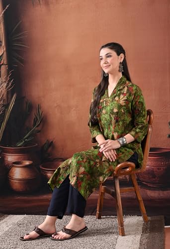 Image of Ichaa Women's Pure Cotton A-Line Ethnic V-Neck Kurta with 3 /4th Sleeve for Daily and Office Wear, in Plus Sizes