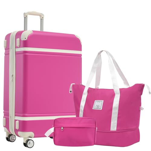 Anwick Hard Shell Carry on Luggage Sets with Bags，Lightweight Suitcase Double Spinner Wheels with TSA Lock，Single Vintage Travel Luggage 24 IN (Pink)
