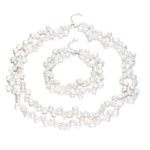 Preisvergleich Produktbild Schmuckset Halskette Armband und Ohrringe Süßwasserperlen Weiß