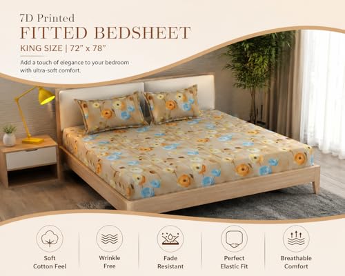 Image of Double Bed Fitted Bedsheet with 2 Pillow Covers | 7D Printed Bedsheet | Soft Cotton Feel, Wrinkle Free & Fade Resistant | Elastic Fit (Beige 7D, Fitted - Double72x72)