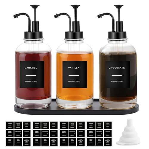Sunal Kaffee Sirup Spender,Set of 3 Glas Sirup Spender,500ml/16,9 oz Schwarz Honig Pump Flasche mit 36 Wasserdichten Etiketten,1 Tray und 1 Silikon Trichter für Küche Kaffee Bar