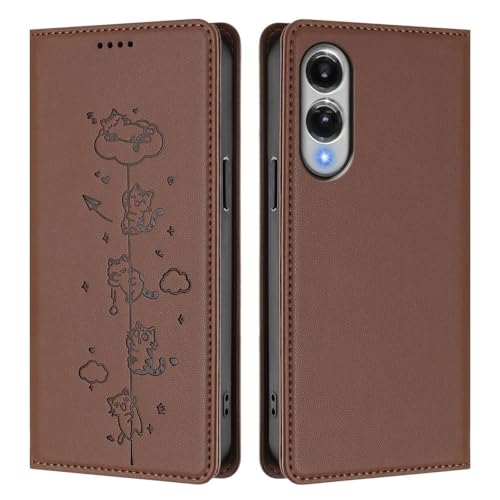 Étui Galaxy S24 portefeuille en cuir marron avec motif chat et fermeture magnétique
