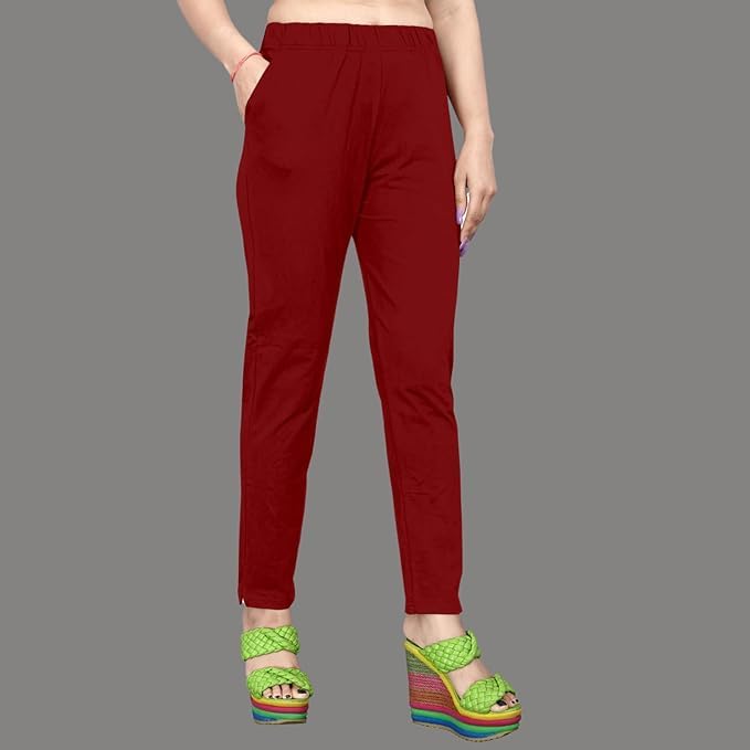 Image of Women's Solid Cotton Lycra Pants-High Waist Slim Fit Stretchable Leggings - Comfortable Long Trousers for Casual, Office & Everyday Wear
