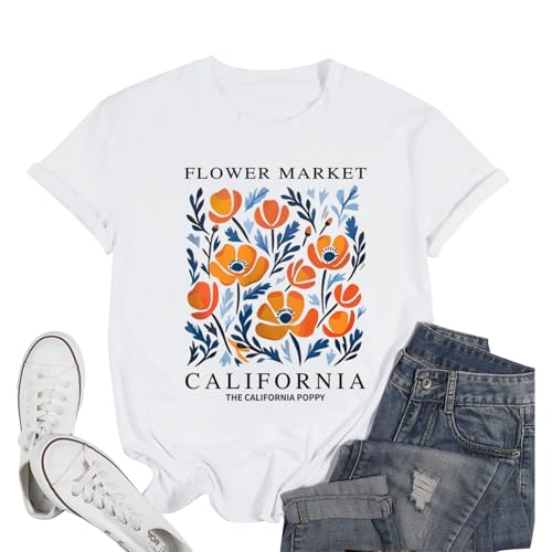 Migxsaf California Poppy Shirt Flower Boho Aesthetic Floral Shirts for Women Vintage Graphic Tees Wildflower Casual Top(White M)