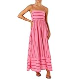 YILEEGOO Women's Summer Striped Maxi Dress 2024 Sexy Spaghetti Strap Flowy Swing Long Dress Boho A-Line Beach Sundresses (V-Pink, S)