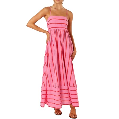 YILEEGOO Women's Summer Striped Maxi Dress, V-Pink, M