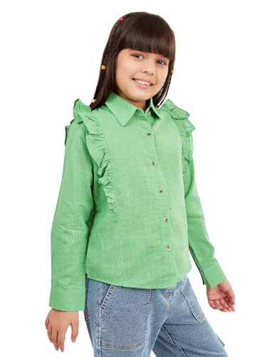 Image of olele Girls Full Sleeve Ruffles Cotton Linen Shirt - White for 4 to 14 Years | Kids Girl White Shirt | White Ruffle Shirt for Girls | Shirt Jeans