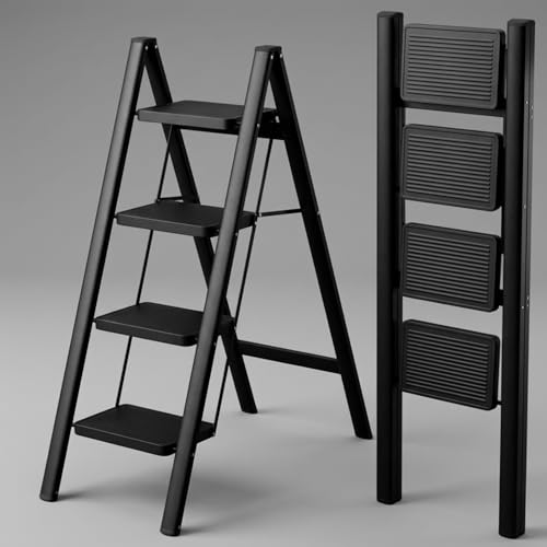 Image of JIALTO 4 Step Metal Ladder for Home, Foldable Lightweight Stepping Stool with Wide Pedals, Anti Slip Heavy Duty 150 Kg Capacity, Portable for Kitchen, Office & Library (Black)