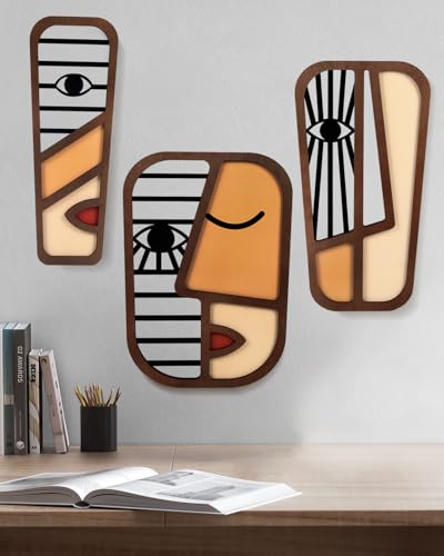 Abstract Wood Picasso Wall Art Decor - Vintage African Art Tribal Wall Art - Modern Minimalism Mask Home Wall Decor - for Bedroom Bathroom Living Room (3 Piece)