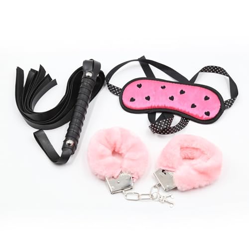 Oggetti di scena 3 pezzi - Manette di peluche, frusta con nappe, bende estensibili, kit per la rappresentazione sul palcoscenico-ITRB128 (Rosa)