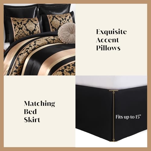 Image of CozyDH Black Gold Floral Comforter Set California King - 7 Piece Luxury Jacquard Bed in a Bag Vintage Patchwork, All Season Down Alternative Bedding with Bed Skirt, Shams, Decorative Pillow, 104x96 in