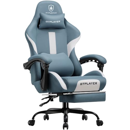 GTRACING Gaming Chair with Foot Rest & Pocket Spring Cushion, Breathable Fabric for Home Office Desk, Ergonomic High Back Computer Chair with Headrest & Lumbar Support, Blue