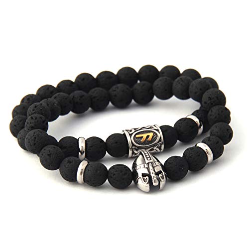 Bavipower Set Rune Bead Bracelet And Viking Warrior Helmet Lava Rock Volcanic Stone Bead Elastic Adjustable Bracelet Bangle (Black) #TOP1